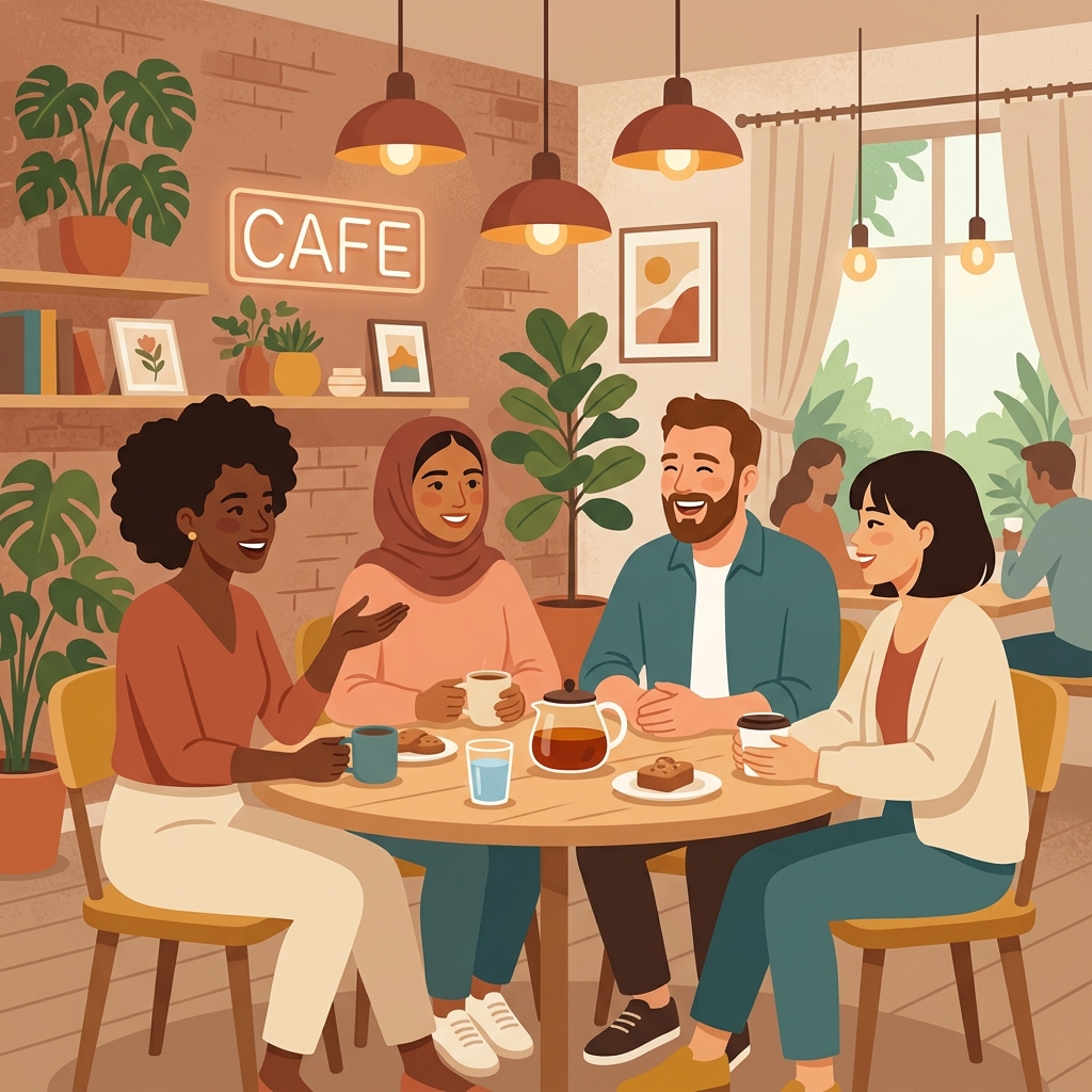 Illustration von Menschen, die sich an einem Tisch in gemütlicher Atmosphäre unterhalten